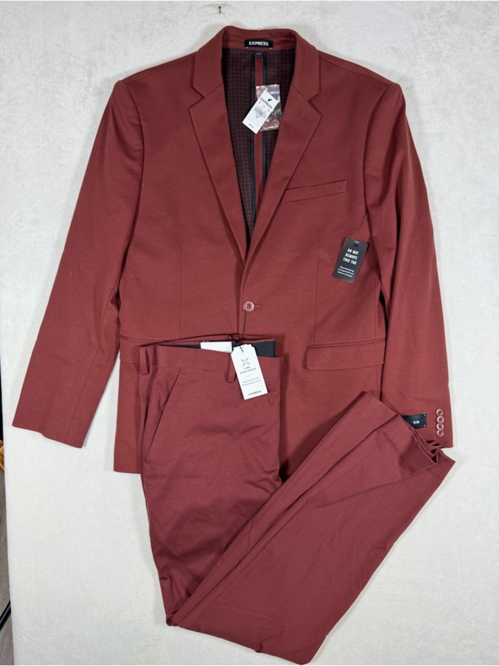 NWT $500 Express 40S Stretch Cotton Rust Red Two-Piece Suit Jacket & Pants NEW
